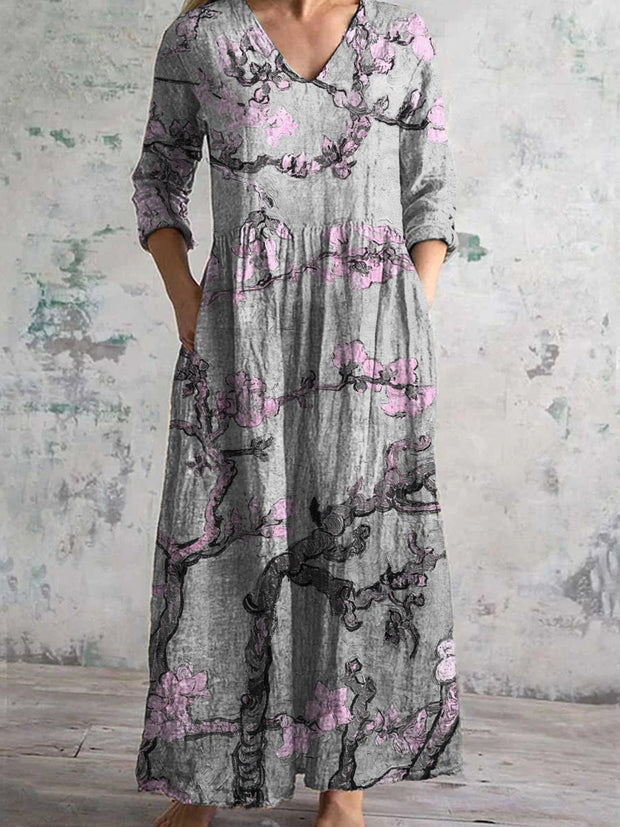 Retro Art Print Chic V Neck Three-Quarter Sleeve Elegant Midi Dress