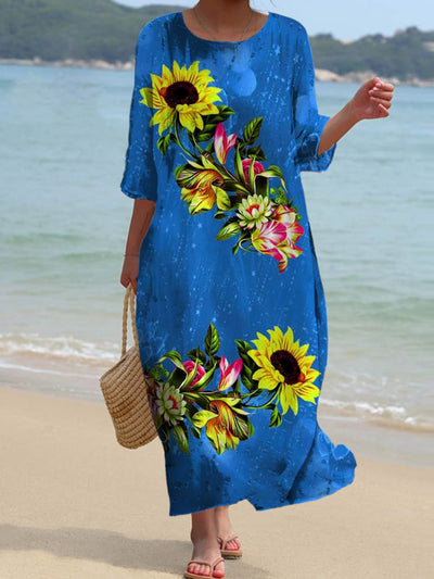 Retro Floral Art Print Chic Round Neck Three-Quarter Sleeve Elegant Midi Dress