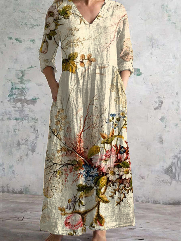 Retro Floral Art Print Chic V Neck Three-Quarter Sleeve Elegant Midi Dress