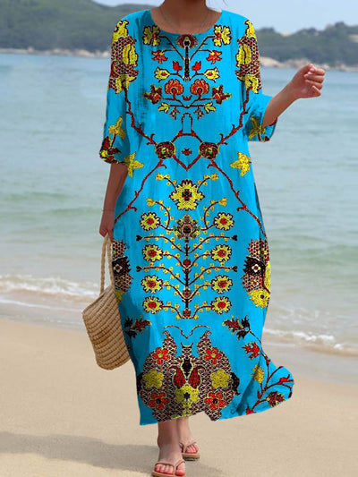 Retro Bohemian Floral Art Print Chic Round Neck Three-Quarter Sleeve Elegant Midi Dress