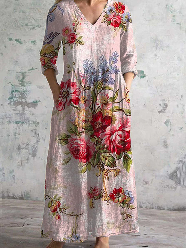 Retro Floral Art Print Chic V Neck Three-Quarter Sleeve Elegant Midi Dress