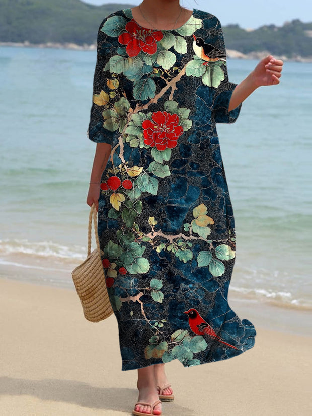 Retro Floral Art Print Chic Round Neck Three-Quarter Sleeve Elegant Midi Dress