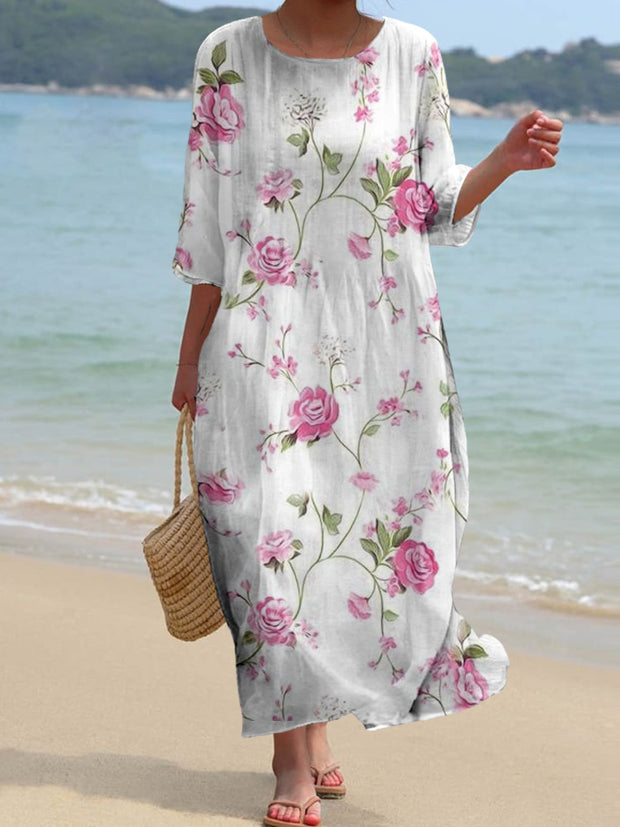 Retro Floral Art Print Chic Round Neck Three-Quarter Sleeve Elegant Midi Dress