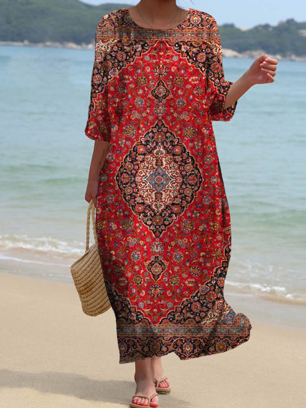 Retro Bohemian Floral Art Print Chic Round Neck Three-Quarter Sleeve Elegant Midi Dress