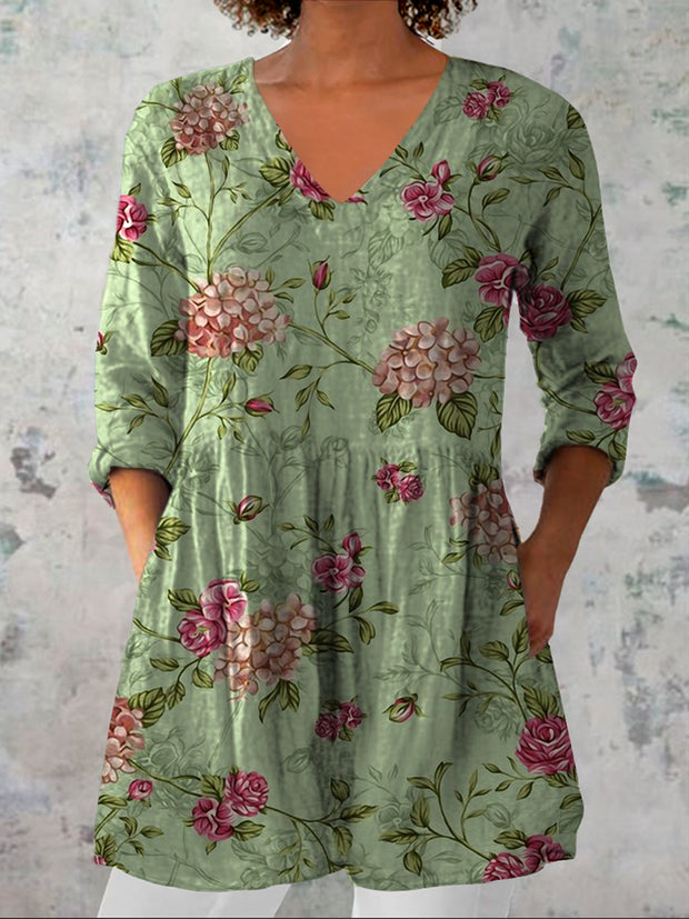 Women's Retro Floral Art Print Casual V Neck Three-Quarter Sleeve Elegant Cotton Linen Top