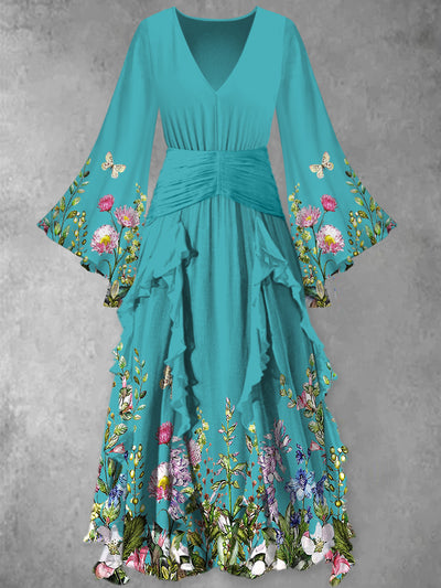 Floral Print Vintage Elegant V-Neck Chic Long Sleeve Maxi Dress