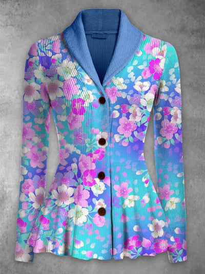 Retro Floral Printed Elegant Lapel V-Neck Button Up Thick knit Long-Sleeved Cardigan Top