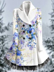 Retro Floral Art Printed Elegant Lapel V-Neck Button Up Thick Long-Sleeved Mesh Gauze Midi Dress