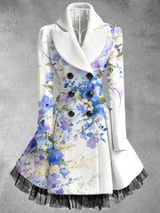 Retro Floral Art Printed Elegant Lapel V-Neck Button Up Thick Long-Sleeved Mesh Gauze Midi Dress