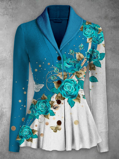 Retro Floral Printed Elegant Lapel V-Neck Button Up Thick knit Long-Sleeved Cardigan Top