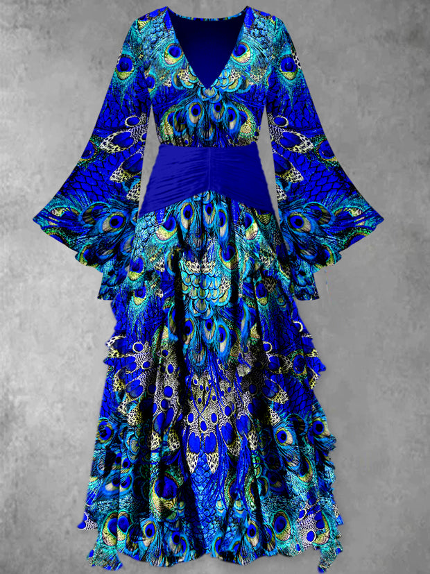 Blue Feather Print Vintage Elegant V-Neck Chic Long Sleeve Maxi Dress