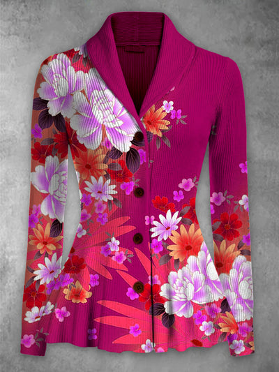 Retro Floral Printed Elegant Lapel V-Neck Button Up Thick knit Long-Sleeved Cardigan Top