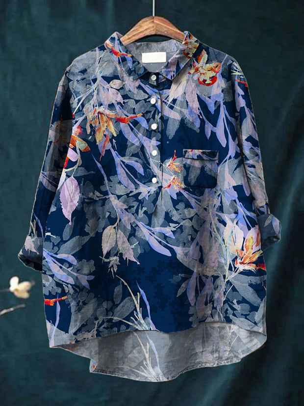 La moda de las mujeres elegante contraste arte impresión floral con cuello en V manga larga botón bolsillo camisa superior