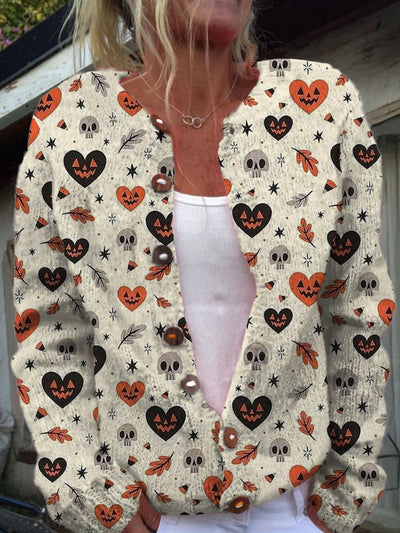 Moda elegante Halloween arte de impresión con cuello en V de manga larga botón de las mujeres suéter de punto Cardigan