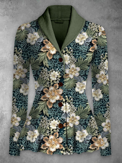 Retro floral impreso elegante solapa con cuello en V botón de punto grueso de manga larga Cardigan Top