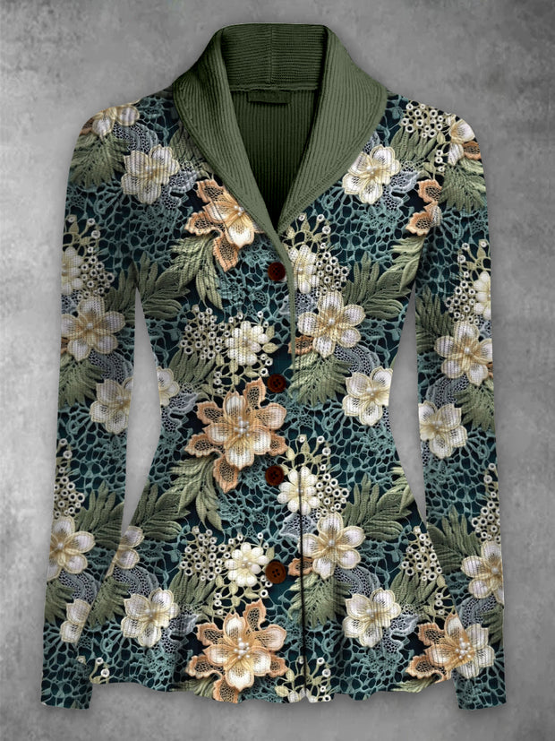 Retro floral impreso elegante solapa con cuello en V botón de punto grueso de manga larga Cardigan Top