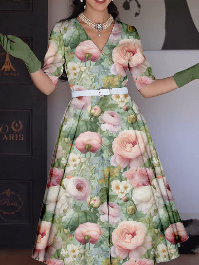 Vestido midi elegante de algodón de bolsillo estampado floral vintage para mujer