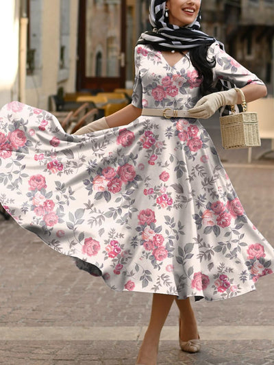 Vestido midi elegante de algodón de bolsillo estampado floral vintage para mujer