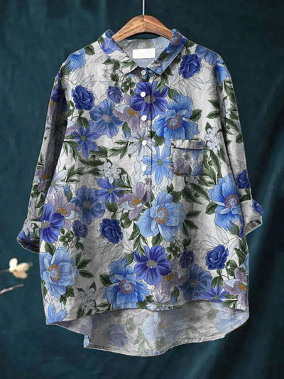 Moda de las mujeres elegantes artísticas de impresión floral con cuello en V botón bolsillo manga larga camisa tops