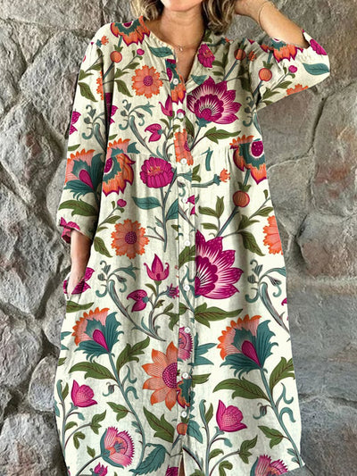 Moda mujer elegante artístico estampado floral con cuello en V manga tres cuartos botón Midi vestido