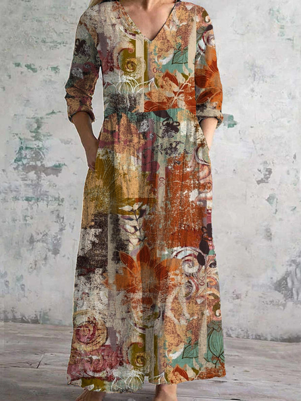 Mujeres moda elegante vintage mural arte floral impresión tres cuartos mangas V Masajeadores de cuello Maxi vestido