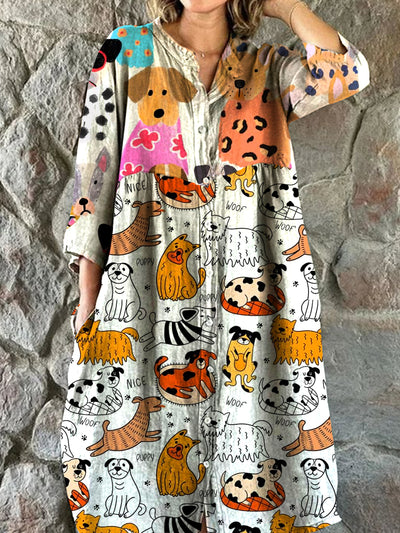 Vintage Animal Art Print Chic tres cuartos de manga botón elegante vestido de Midi