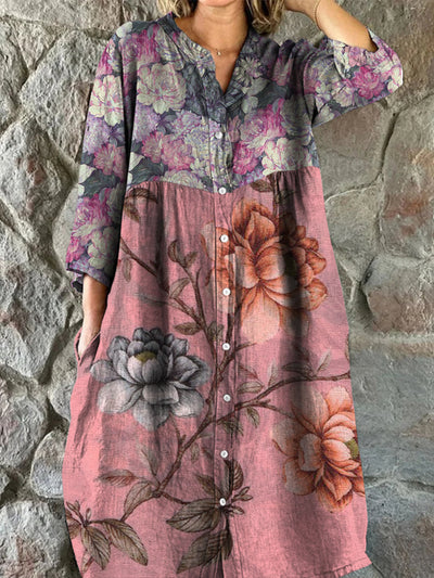 Retro Boho Floral Art Print Vintage Chic V-cuello botón de manga larga vestido de Midi