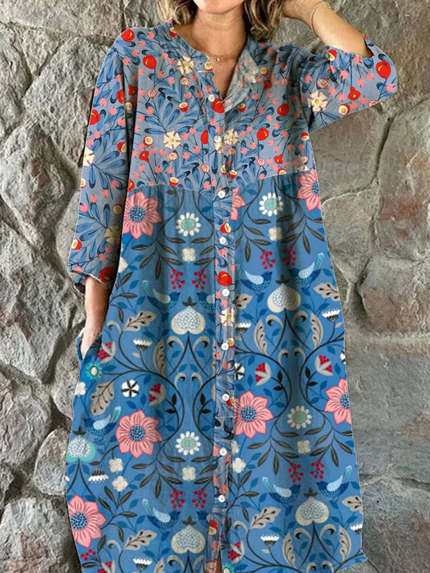 Moda mujer elegante artístico estampado floral con cuello en V manga tres cuartos botón Midi vestido