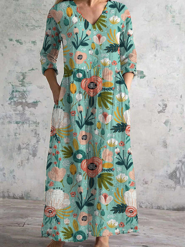 Vestido maxi de tres cuartos con cuello en V estampado floral artístico elegante de moda para mujer