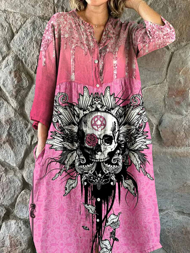 Retro Punk Floral Art Print Chic V cuello tres cuartos de manga botón elegante vestido de Midi