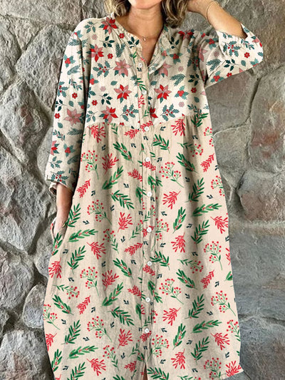 Vestido midi con cuello en V de estampado floral artístico elegante de moda para mujer con tres cuartos de manga y botón