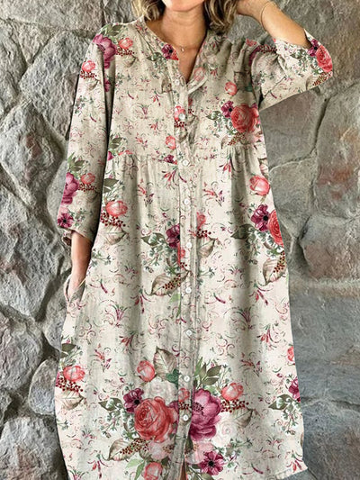 Vestido midi con cuello en V de estampado floral artístico elegante de moda para mujer con tres cuartos de manga y botón