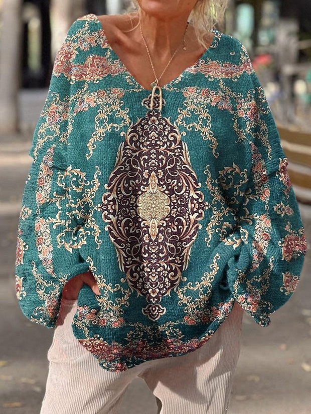 Elegante Retro Boho Art Print Vintage Loose Chic V-cuello de manga larga de punto grueso suéter