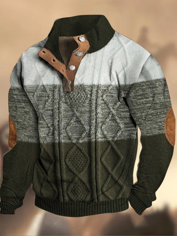 Patrón de textura de vaquero Impreso Western Village Hunting Logo Botón Cuello en V Sudadera gruesa al aire libre