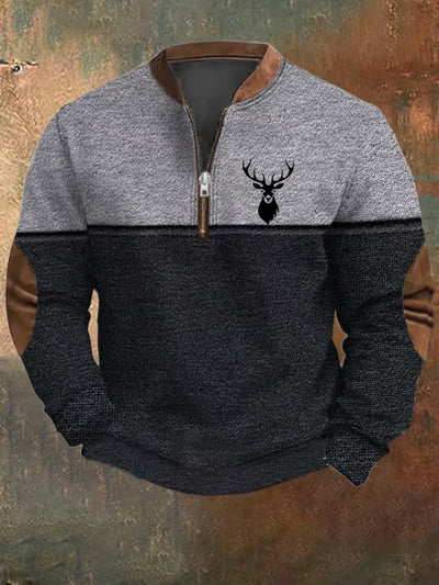 Hombres Retro País Western Art Print Diseño V-cuello de la cremallera de manga larga suéter Sudadera