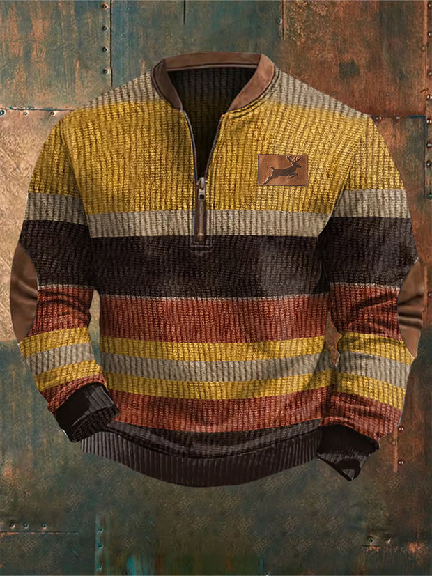 Hombres Retro País Western Art Print Diseño V-cuello de la cremallera de manga larga suéter Sudadera