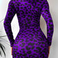 Dámské v-neck leopard print skládaný pás stretch s dlouhým rukávem slim mini šaty