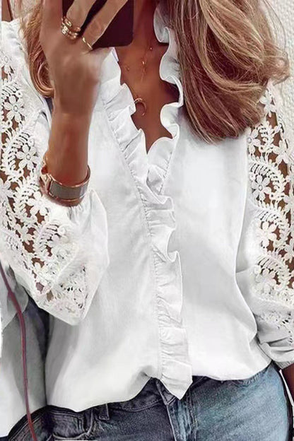 Ženská v-neck jednofarebná krajka skládaná tričko s dlouhým rukávem