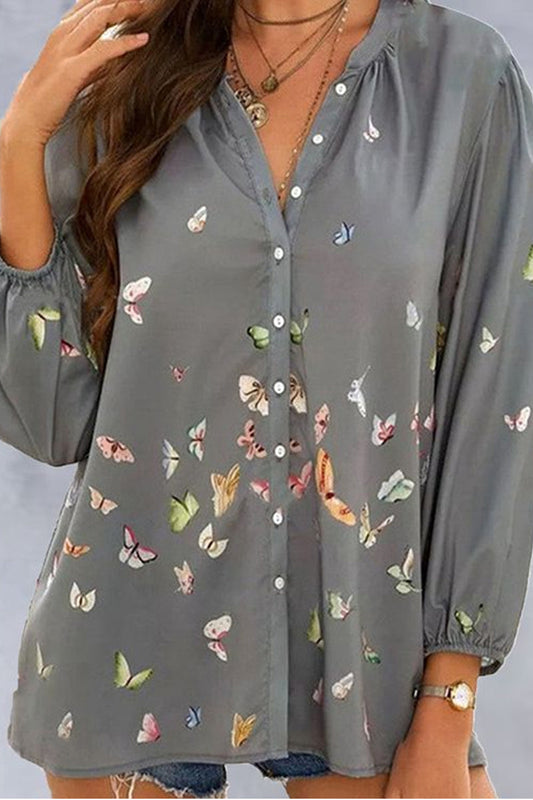 Women's loose butterfly print long sleeve lapel casual shirt