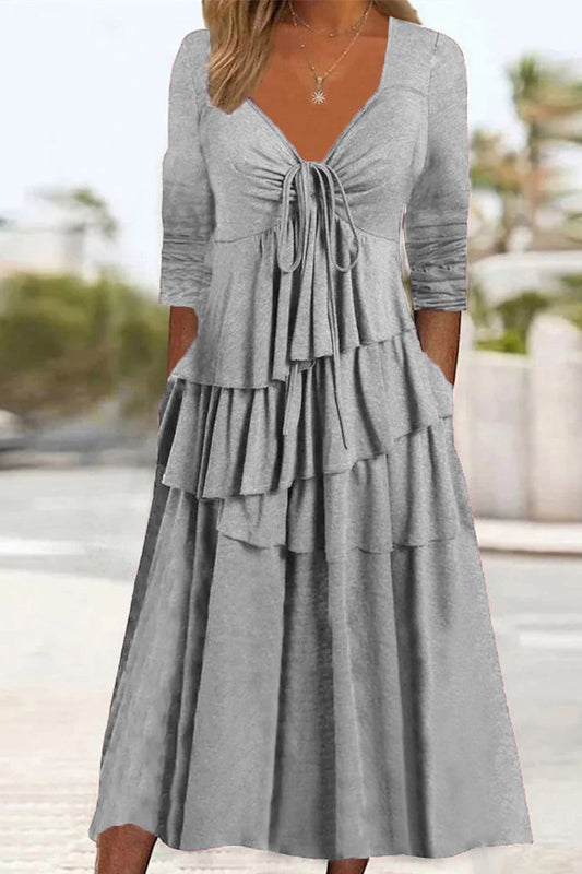 Women's casual solid color irregular cake dress long sleeve tie midi dress
