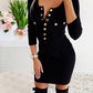 Women's casual round neck cover hip long sleeve solid color elegant mini dress