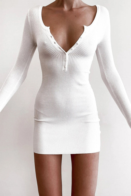 Women's solid color split-breasted slim knitted long sleeve mini dress