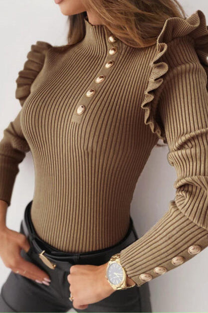 Women's casual round neck solid color ruffle long sleeve top