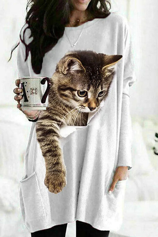 Women's casual round neck cat print long sleeve mini dress