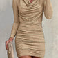 Women's solid glitter neck long sleeve ruched fitted mini dress