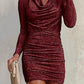 Women's solid glitter neck long sleeve ruched fitted mini dress