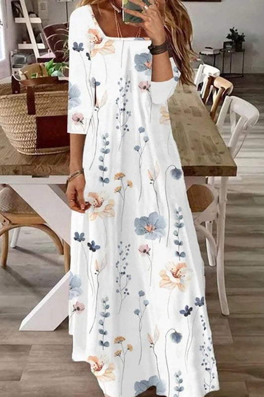 Dámské ležérní maxi šaty se čtvercovým výstřihem a květinovým potiskem s dlouhým rukávem