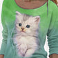 Dámské ležérní tričko s kulatým výstřihem a roztomilým kočičím potiskem s dlouhým rukávem