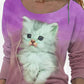 Dámské ležérní tričko s kulatým výstřihem a roztomilým kočičím potiskem s dlouhým rukávem