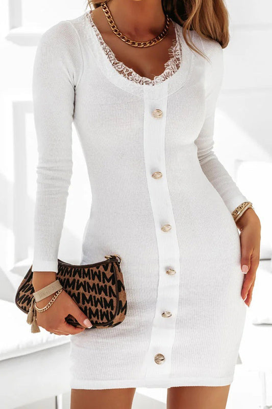 Women's casual long-sleeve hip cover button neck knitted rib mini dress